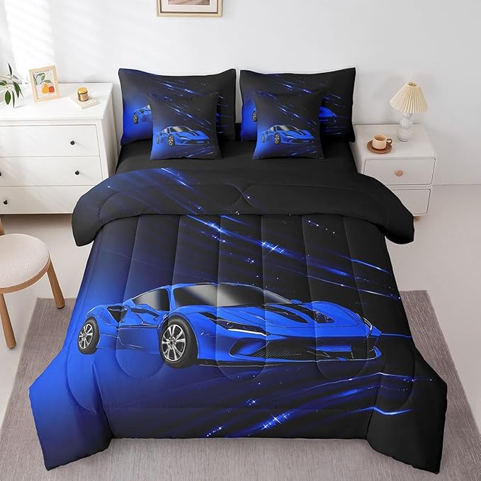 Feelyou Boys Blue Race Car 7 Piece Bedding Set King Size Speed Sports Car Comforter Set with Sheets for Kids Teens Adult Fast and Furious Bed in a Bag Blue Ombre Bed Set