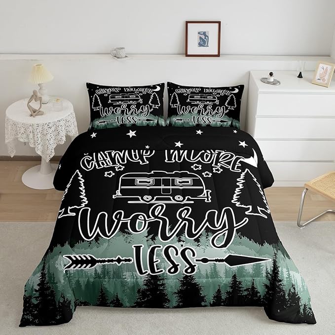 Feelyou Happy Camping Comforter Set Kids Galaxy Night Camper Bedding Set Twin Women Men Caper Van Decor Comforter Ultra Soft Microfiber Quilted Set Bedroom Comforter Inner Fill Twin Size