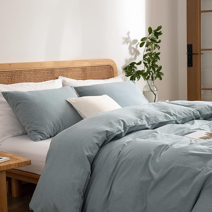 Light Blue Duvet Cover Queen, 100% Washed Cotton Linen Like Textured 3 Pieces Bedding Set, Solid Color Simple Style Luxury Relaxed Feel Natural Wrinkled Breathable Soft Comfy (Light Blue, Queen)