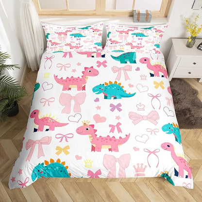 Cute Dino Duvet Cover Set King Size,Kawaii Bowknot Heart Princess Style Reversible Comforter Cover with 2 Pillowcases,Pink Blue Dinosaur Cartoon Animal Microfiber Quilt Cover Set (NO Comforter)