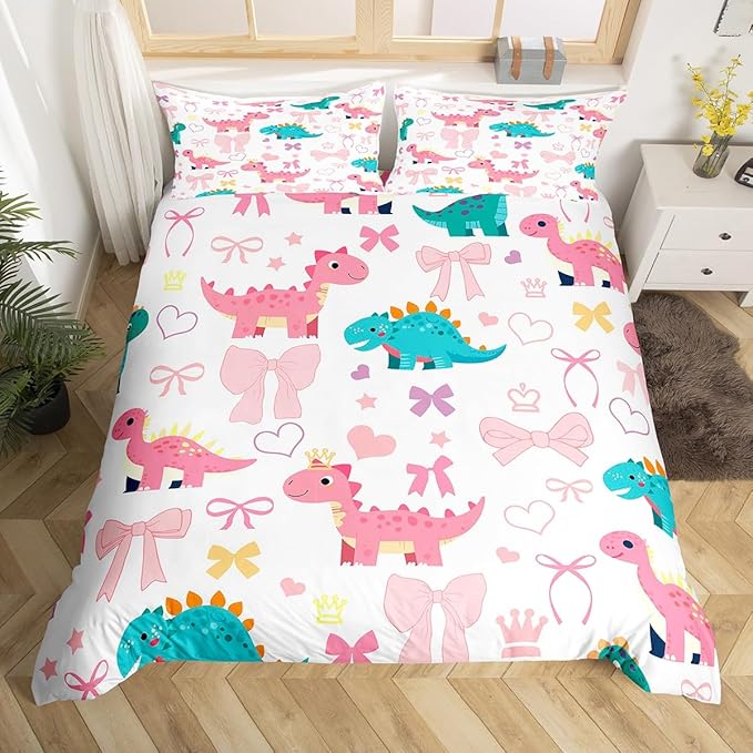 Cute Dino Duvet Cover Set Twin Size,Kawaii Bowknot Heart Princess Style Reversible Comforter Cover (Not Comforter),Pink Blue Dinosaur Cartoon Animal Polyester Bedding Set Bedroom Decor, 2 Pcs