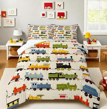 Erosebridal Kids Train Comforter Set - King Size for Boys & Girls - Colorful Steam Engine Bedding Sets - Cartoon Train Transportation Locomotive Train Comforter with 2 Pillow Cases, Beige