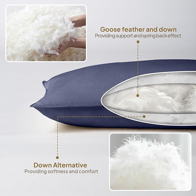 Goose Down & Feather Body Pillows for Adults, Full Length Firm Hugging Pillow Insert for Side Sleepers, Breathable Large Long Pillow for Bed with 100% Organic Cotton Shell, (Navy Blue 20"x60")