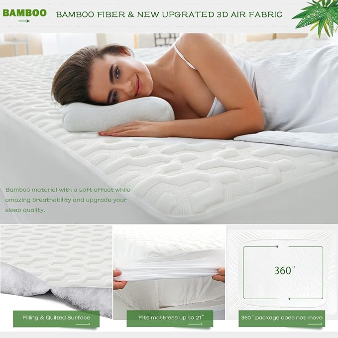 GRT King Size Waterproof Mattress Protector Rayon Bamboo - 3D Air Fiber Cooling Mattress Protector Cover, Breathable Mattress Pad Noiseless 8''-21'' Deep Pocket Machine Washable