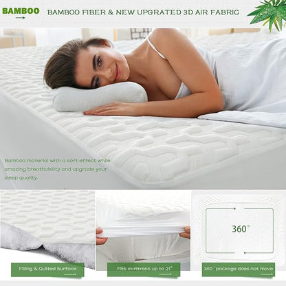 GRT Twin Size Waterproof Mattress Protector Rayon Bamboo - 3D Air Fiber Cooling Mattress Protector Cover, Breathable Mattress Pad Noiseless 8''-21'' Deep Pocket Machine Washable