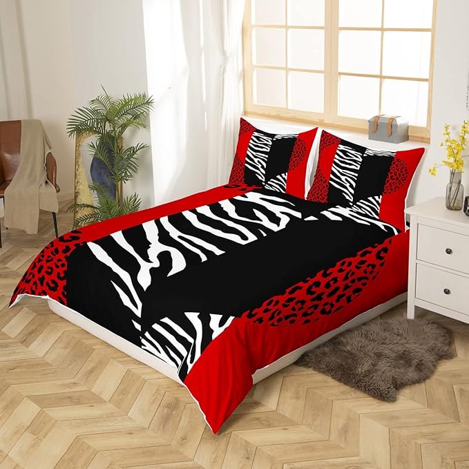 Leopard Zebra Duvet Cover Twin,Wild Animals Skin Bedding Set 2pcs for Teens Adults Room Decor,Red Black Geometric Striped Heart Comforter Cover Romantic Microfiber Quilt Cover with 1 Pillowcase
