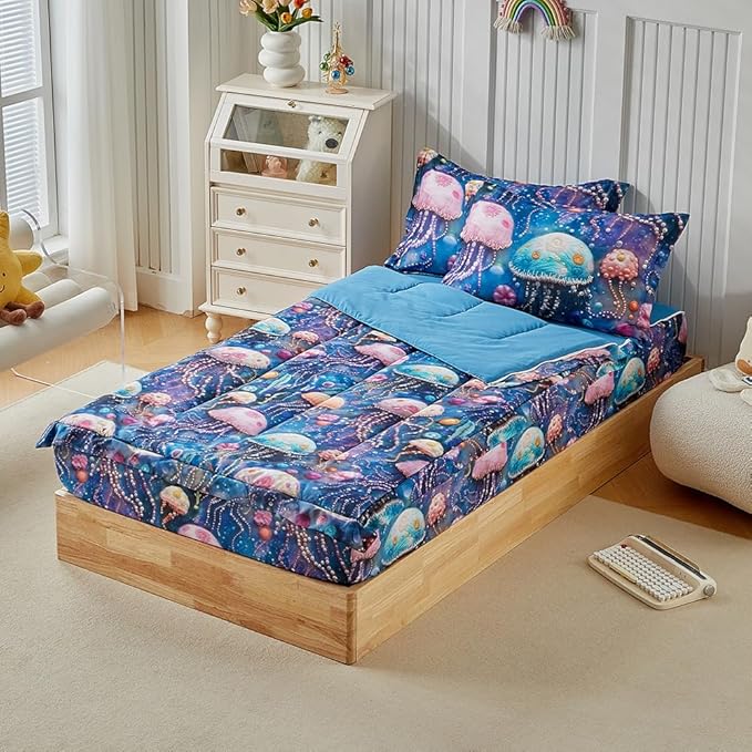 Kids Zipper Bedding Set for Girls and Boys, 3pcs Jellyfish Comforter Set Twin with Fitted Sheet and Pillowcases, All in One Zipper Bed in a Bag Super Soft Microfiber Lightweight, Pink Blue