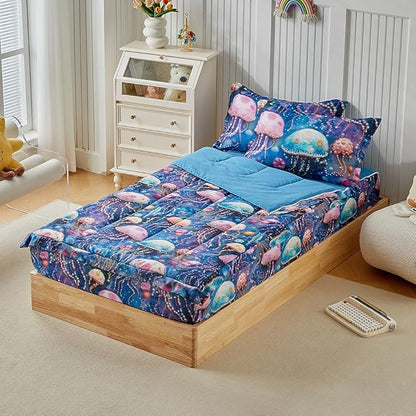 Kids Zipper Bedding Set for Girls and Boys, 3pcs Jellyfish Comforter Set Twin with Fitted Sheet and Pillowcases, All in One Zipper Bed in a Bag Super Soft Microfiber Lightweight, Pink Blue