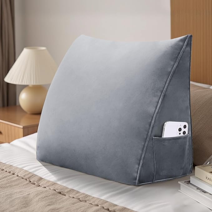 Wedge Headboard Reading Pillow for Bed Velvet Triangular Backrest Bolster Pillow for Sitting Up Daybed Cushion Lumbar Body Support Positioning for Headboard, Couch, Dorm, Grey