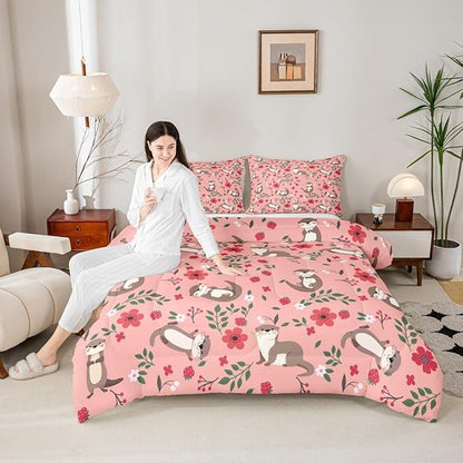 Lovely Otter Comforter Set Twin Size 2 Pcs Cartoon Pink Strawberry Flowers Decor Comforter for Kids Boys Girls Cute Wild Animals Rustic Style Bedding Set with 1 Pillowcase+1 Comforter