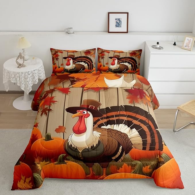 Feelyou Turkey Bedding Set Toddler Size Soft Thanksgiving Harvest Season Fruit Decor Comforter Set for Kids Boys Girls Decor Fall Pumpkin Comforter Microfiber Gamboge Duvet Set