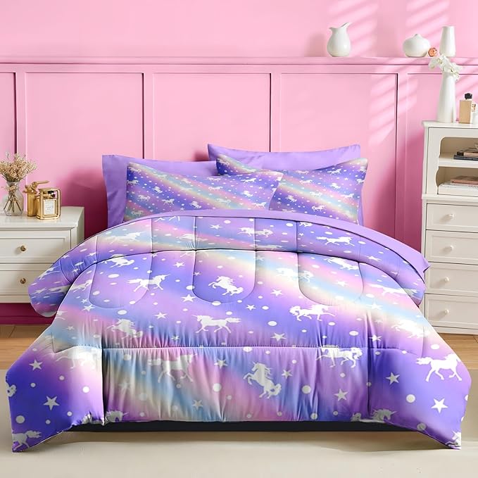 Nesker 7 Pcs Comforter Set Full Size, Purple Colorful Bedding for Kids Teen, Unicorn Rainbow Starwith Fitted Sheet 2 Pillowcases & 2 Shams for Bedroom Bed Decor