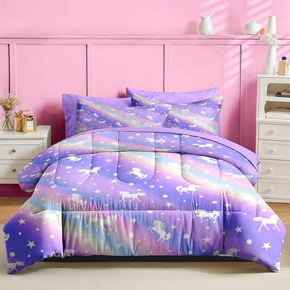 Nesker Comforter Set Twin Size, Purple Colorful Unicorn 5 Pcs Bedding for Kids Teens, Rainbow Star Bed Sheet with Pillowcase & Sham