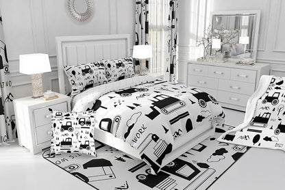 Feelyou Construction Bedding Set Twin Size Equipment Trucks Comforter Set for Kids Boys Girls Decor Cartoon Car Excavator Tractor Comforter Black White Duvet Set Bedroom Quilt Set with 1 Pillow Case