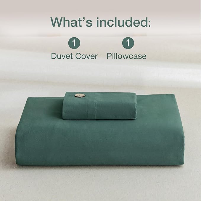 JELLYMONI Cotton Duvet Cover Twin Size - Dark Green Comforter Cover with Button 100% Washed Cotton 2PCS Breathable Soft Solid Bedding Set Duvet Cover 68×90in & 1 Pillowcase (NO Comforter)