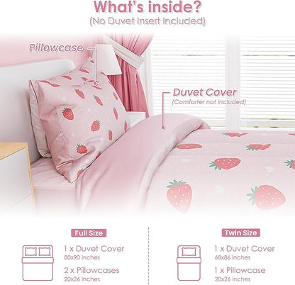 SANDJEST Strawberry Duvet Cover Sets Twin Size for Kids Girls, Include 1 Polyester Comforter Cover 68x86 Inches and 1 Pillowcase 20x26 Inches, Comforter Not Included, Gift for Christmas Birthday