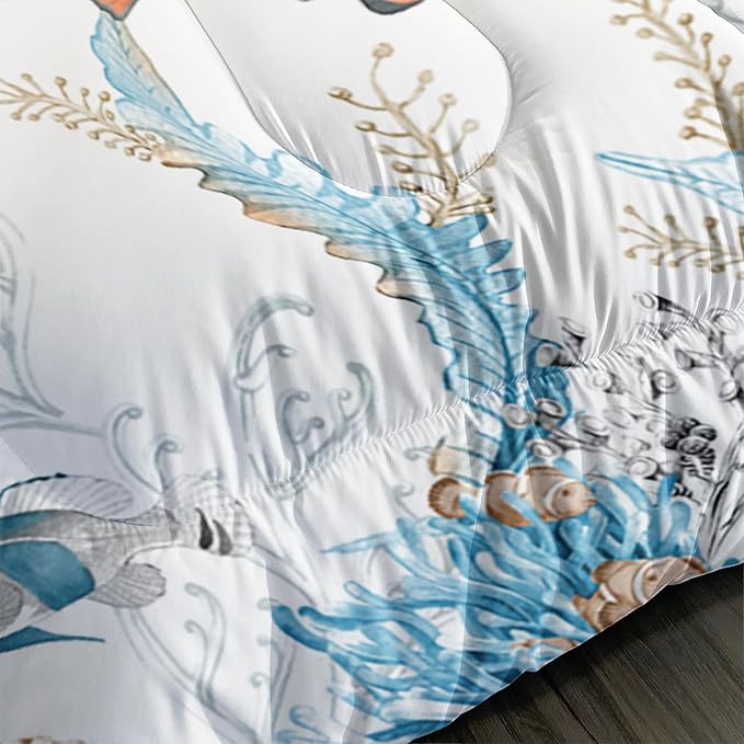 Blue Sea Turtle Themed Comforter 3Pcs Full Wild Ocean Animal Tortoise Fish Bedding Set for Kid Teen Girl Boy Adult Coral Clownfish Octopus Quilt Bed Decor with 1 Comforter and 2 Pillowcases