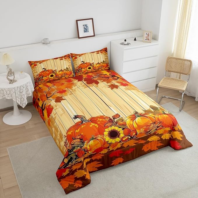 Feelyou Fall Pumpkin Bedding Set Toddler Size Soft Thanksgiving Harvest Season Fruit Decor Comforter Set for Kids Boys Girls Decor Maple Leaf Comforter Microfiber Deep Orange Duvet Set