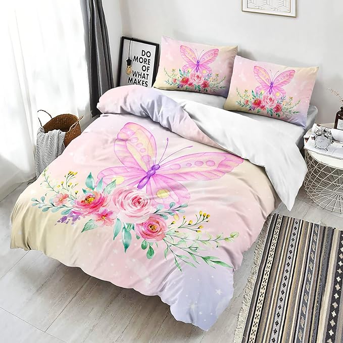 CVHOUSE Rainbow Butterfly Duvet Cover Full Size,Rainbow Flower Bedding Set,Floral Comforter for Girls Kids Teens,1 2 Pillowcases 3 Piece Full 79'x89'