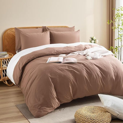 NEXHOME PRO Duvet Cover Set 100% Washed Cotton Oversized King 120"x98" Linen Feel Textured Organic Natural 3 Pieces Bedding Set Mocha Brown with Zipper Closure, Breathable(No Comforter)