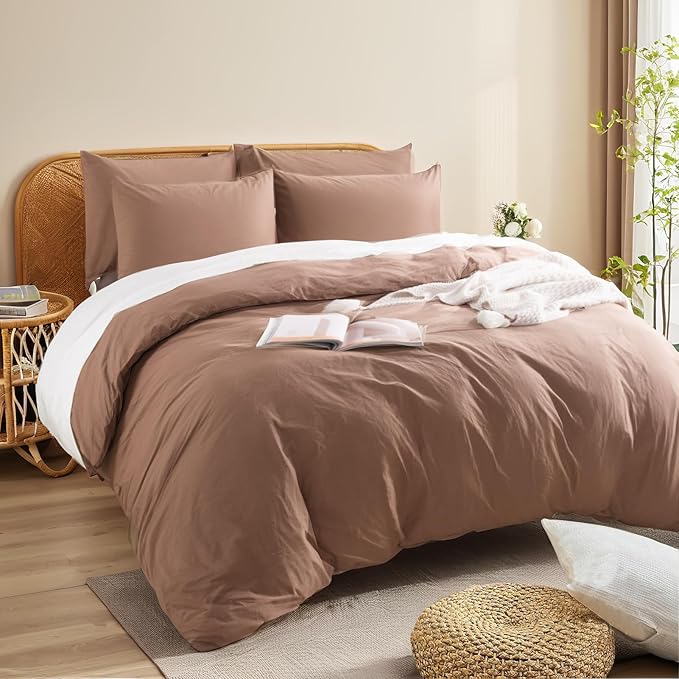 NEXHOME PRO Duvet Cover Set Kids Twin Size Linen Look Organic Natural 100% Washed Cotton Duvet Cover Mocha Brown 2 Pieces Bedding Set with Zipper Closure, Breathable (No Comforter)