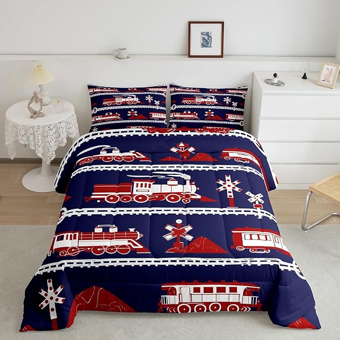 Erosebridal Train Comforter Set Cartoon Car Toddler Bedding, Traffic Transportation Track Comforter for Kids Teens Vintage Steam Engine Railway Decor Quilt Set Room Full 3Pcs, Navy Blue Red White