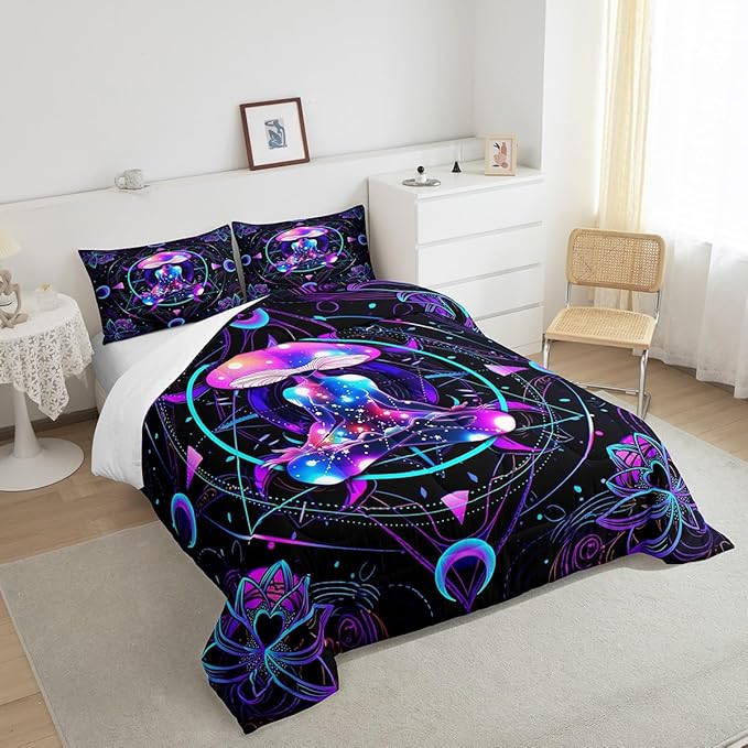 Trippy Mushroom Comforter Set King Size,Gymnastics Yoga Theme Bedding Set 3pcs,Kids Girls Adult Room Decor,Exotic Neon Purple Stars Moon Quilt Set Geometric Colorful Lines Duvet Insert,2 Pillowcases