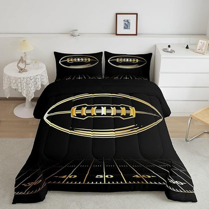 Feelyou Football Bedding Set Toddler Kids Rugby Sports Comforter Set American Football Comforter Set for Boys Golden Black Room Decor Lightweight Quilt Set with 1 Pillow Case