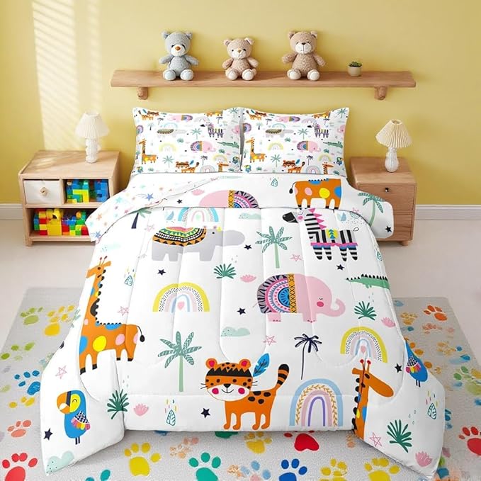 Feelyou Kids Zoo Animal Comforter King for Kids Boys Girls Cute Boho Animals Bedding Set Cartoon Elephant Comforter Set Wild Animals Duvet Set with 2 Pillow Case
