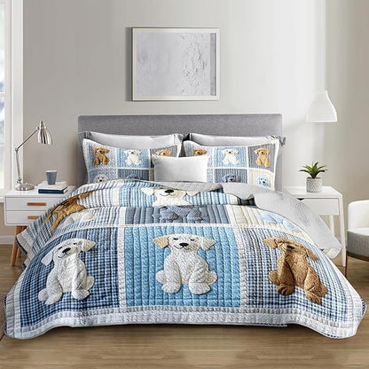 Kawaii Blue White Dogs Quilts Bedding Queen 3Pcs Wild Animal Cartoon Pet Puppy Bed Set Fabric Collage Grid Pattern Bedspread Coverlet with 2 Pillowcases for Kid Boy Girl Teen Adult Room Decor