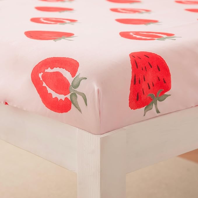 SDIII 4 Piece Strawberry Toddler Bedding Set, Kawaii Fruit Printed Pink Toddler Bedding Girl with Comforter, Fitted Sheet, Flat Sheet, Pillowcase