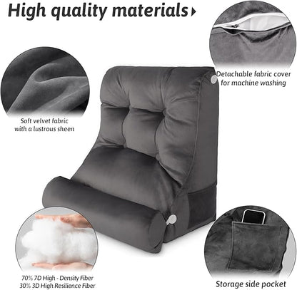 2PCS Reading Backrest Pillow Set,Soft FleeceLike,22''x24'' Bed Rest Pillow w/Removable Washable Cover,for Sit/Sleep,Leg/Back Support,Acid Reflux,PostSurgery Relief,Side Phone Pocket,Dark Grey