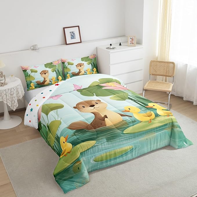 Castle Fairy Cartoon Otter Kids Toddler Comforter Set Cute Duck Pink Lotus Butterfly Bedding Sets for Boys Girls Teens Lovely Wild Animal Rustic Style Quilted Comforter with 1 Pillowcase 2 Pcs