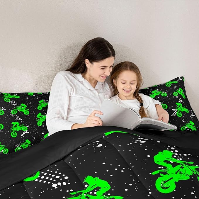 Feelyou Boys Dirt Bike Bedding Set - Cool Sports Comforter Set for Kids Motocross Rider - Fluorescent Green Bike Quilt & 2 Pillowcases - King Size