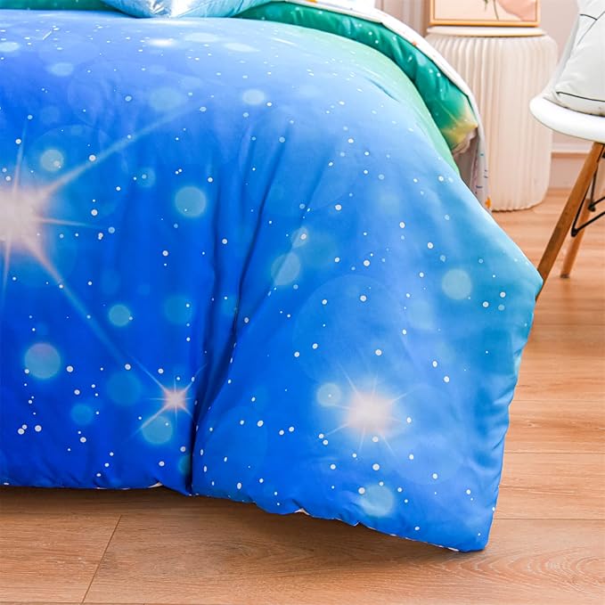 A Nice Night 6Pcs Gradient Glitter Bedding Set for Girls, Colorful Rainbow Galaxy Comforter Set, Ultra Soft Bedding Sets (Blue-Green,Full 6Pcs)