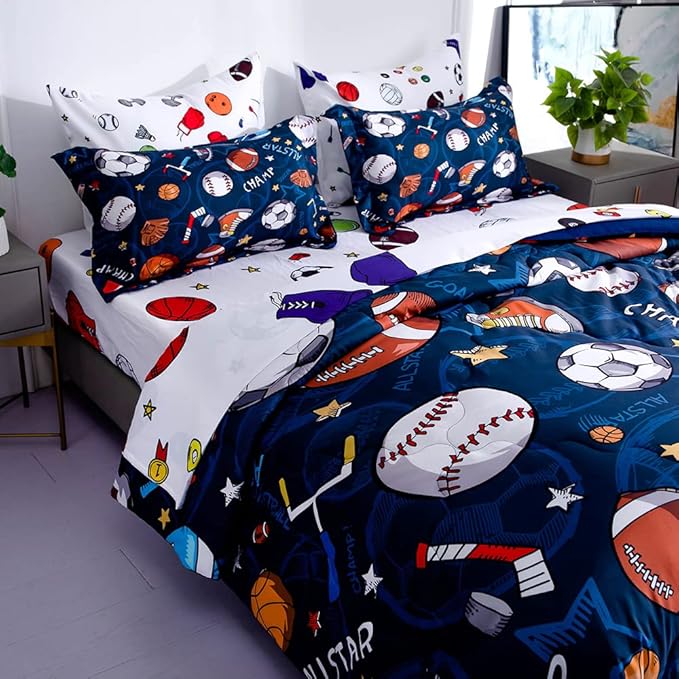 Wajade Sports Comforter Set Bed in A Bag Full Size 7 Piece 3D Soccer Basketball Baseball Football Bedding Set for Kids Boys (1 Comforter, 1 Flat Sheet, 1 Fitted Sheet, 2 Pillowcase and 2 Pillow Sham)