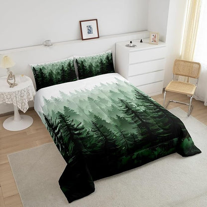 Feelyou Fog Forest Comforter Botanical Pine Trees Comforter Set for Boys Girls Children Watercolor Style Green Comforter Set Room Decor Twin Size Duvet Set 2Pcs