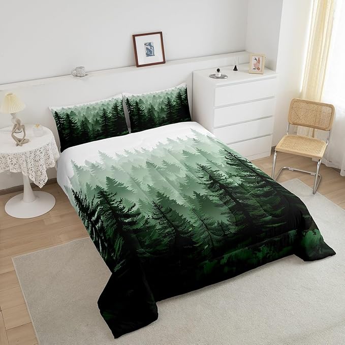 Feelyou Fog Forest Comforter Botanical Pine Trees Comforter Set for Boys Girls Watercolor Green Bedding Set Room Decor King Size Bedspread Cover 3Pcs Boys