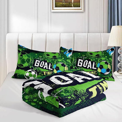 Soccer Comforter Set Sport Themed Green Printed Bedding Set with 1 Comforter and 2 Pillowcases for Boys and Girls Bedroom All Season(Soccer Full)