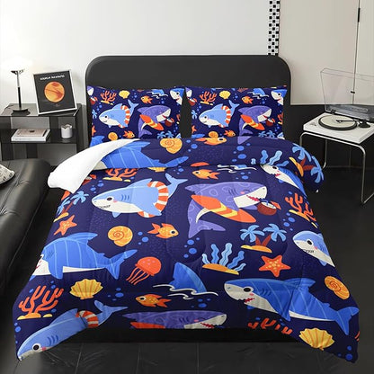 Kawaii Swimming Shark Themed Comforter 3Pcs Full Deep Blue Ocean Sea Animal Coral Bedding Set for Kid Teen Girl Boy Adult Fish Starfish Shell Quilt Bed Decor with 1 Comforter and 2 Pillowcases