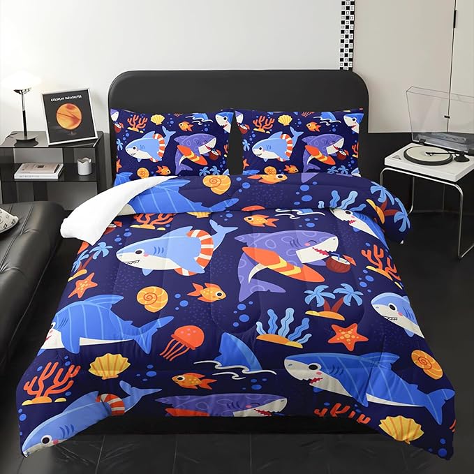 Kawaii Swimming Shark Themed Comforter 3Pcs Queen Deep Blue Ocean Sea Animal Coral Bedding Set for Kid Teen Girl Boy Adult Fish Starfish Shell Quilt Bed Decor with 1 Comforter and 2 Pillowcases