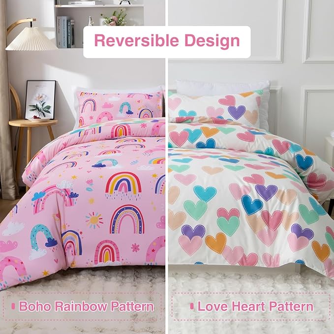 Holawakaka Boho Rainbow Full Comforter Set with Sheets, 5-Piece Bohemian Love Heart Bedding Set for Girls & Women - Super Soft Microfiber Kids Teen-Girls Full Size Pink Reversible Bed-in-a-Bag