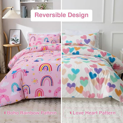 Holawakaka Boho Rainbow Twin Comforter Set with Sheets, 5-Piece Bohemian Love Heart Bedding Set for Girls & Women - Super Soft Microfiber Kids Teen-Girls Twin Size Pink Reversible Bed-in-a-Bag