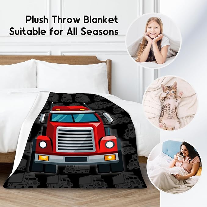 Truck Blanket, Cozy Soft Throw Gifts for Kids, Cute Black Flannel Throw Blankets for Bed Couch, 60x80 Inches