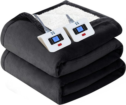 SEALY Electric Blanket Queen Size, Flannel & Sherpa Heated Blanket with 10 Heating Levels & 1-12 Hours Auto Shut Off, Machine Washable, Grey, 84 x 90 Inch