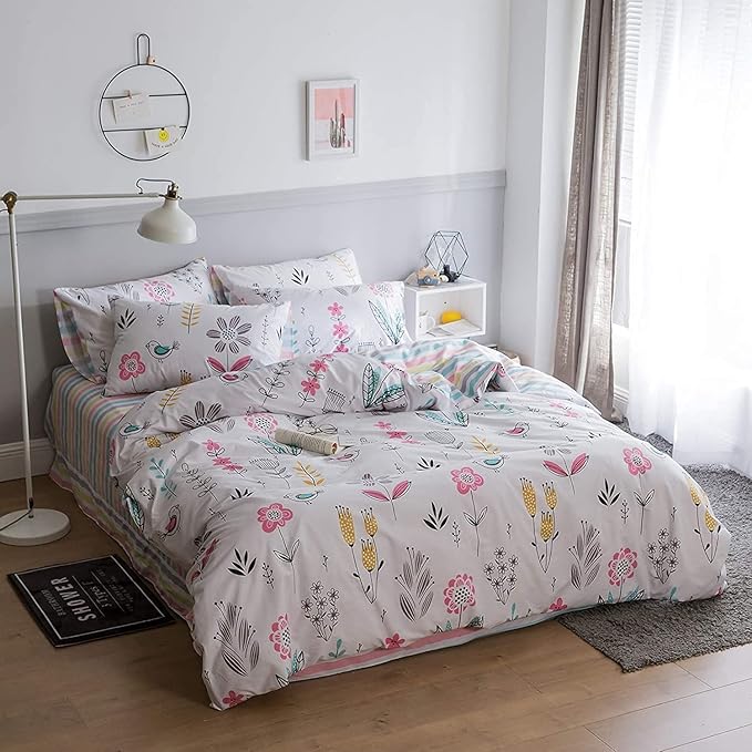 BuLuTu Floral Bird Print Pattern Girls Duvet Cover Full White Premium Cotton Nature Blossom Colorful Reversible Kids Bedroom Comforter Cover Bedding Sets for Teen Toddler,Zipper Closure