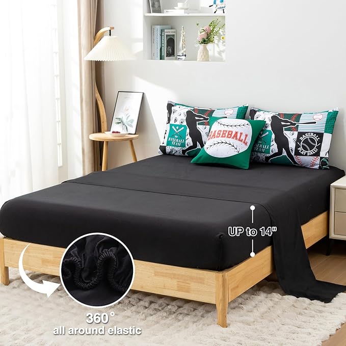 A Nice Night Sports Geometric Grid Black Patchwork Baseball Printed for Boys Full 6Pcs Bed in A Bag Comforter Bedding Set,Green