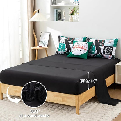 A Nice Night Sports Geometric Grid Black Patchwork Baseball Printed for Boys Full 6Pcs Bed in A Bag Comforter Bedding Set,Green