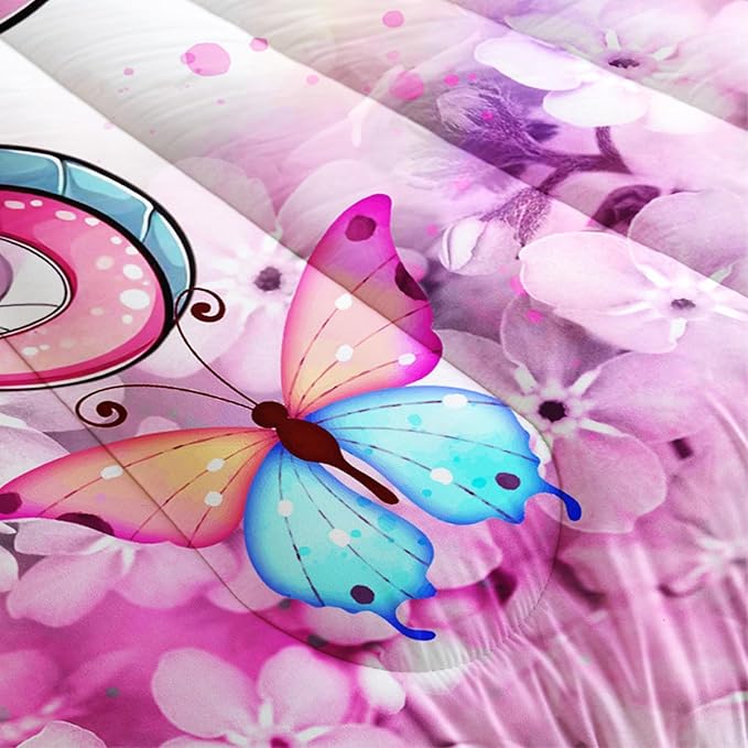 Cartoon Axolotl Comforter Kids Bedding Set,Axolotl Flower Butterfly Bedding Queen Size for Boys Girls Room Kawaii Decor,Pink Toddler Comforter Sets with 2 Pillowcases.