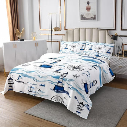 Erosebridal Lighthouse Bedspread King Size, Nautical Bedspread Quilt Set Anchor Rudder Coverlet Set for Kids Adult, Modern Fade Quilt Set Soft Microfiber Nautical Decorative